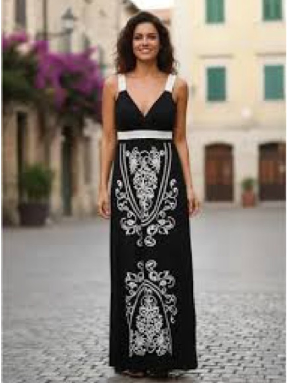 Black Maxi Dress with White Embroidered Detail 100% rayon